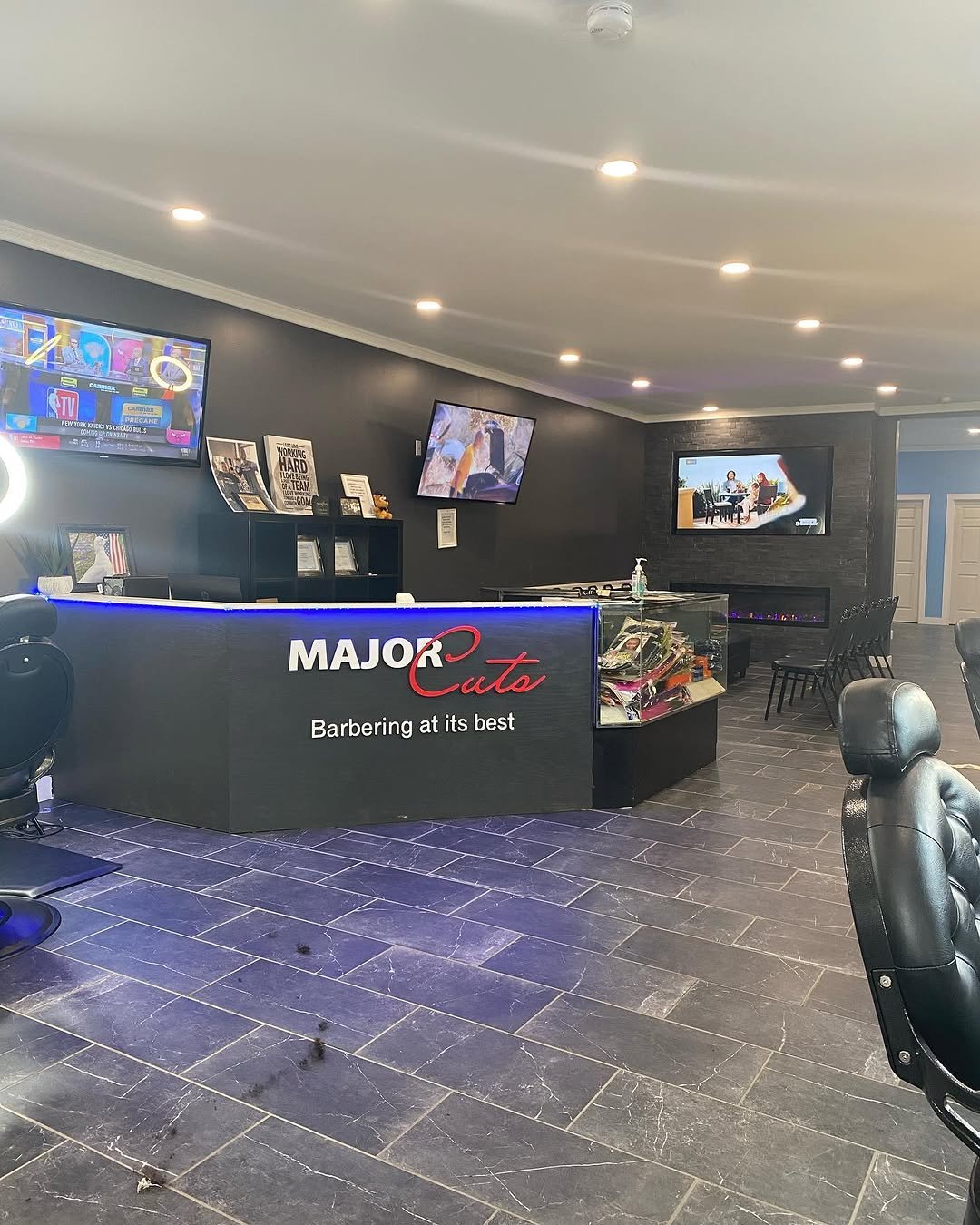 Front desk inside Major Cuts barbershop on Lisbon Street in Lewiston, Maine